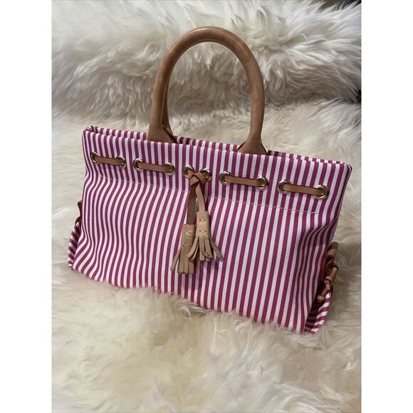 Dooney and Bourke Red and White Candy Stripe Tote Bag / Purse w/ Cross Body Stra - Picture 4 of 16